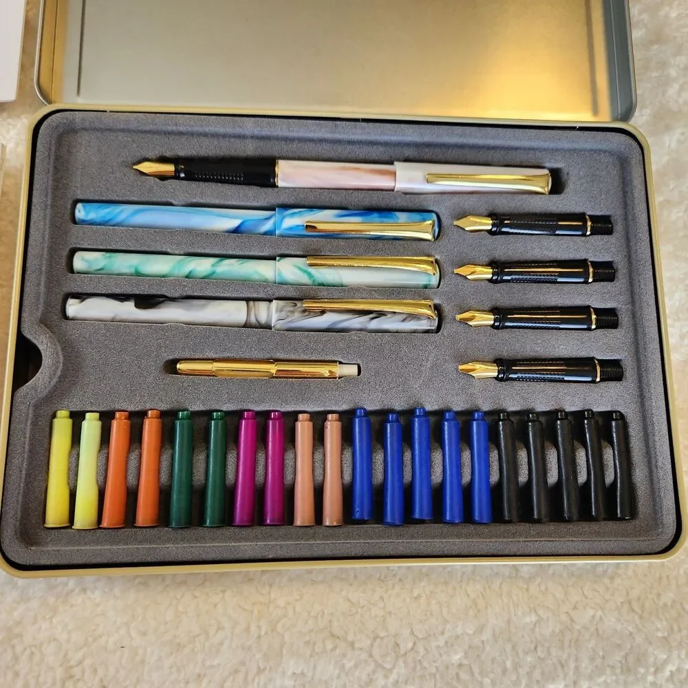 Calligraphy Set In Metal Tin w/4 Pens/5 Nibs/20 Ink Cartridges/Instructions